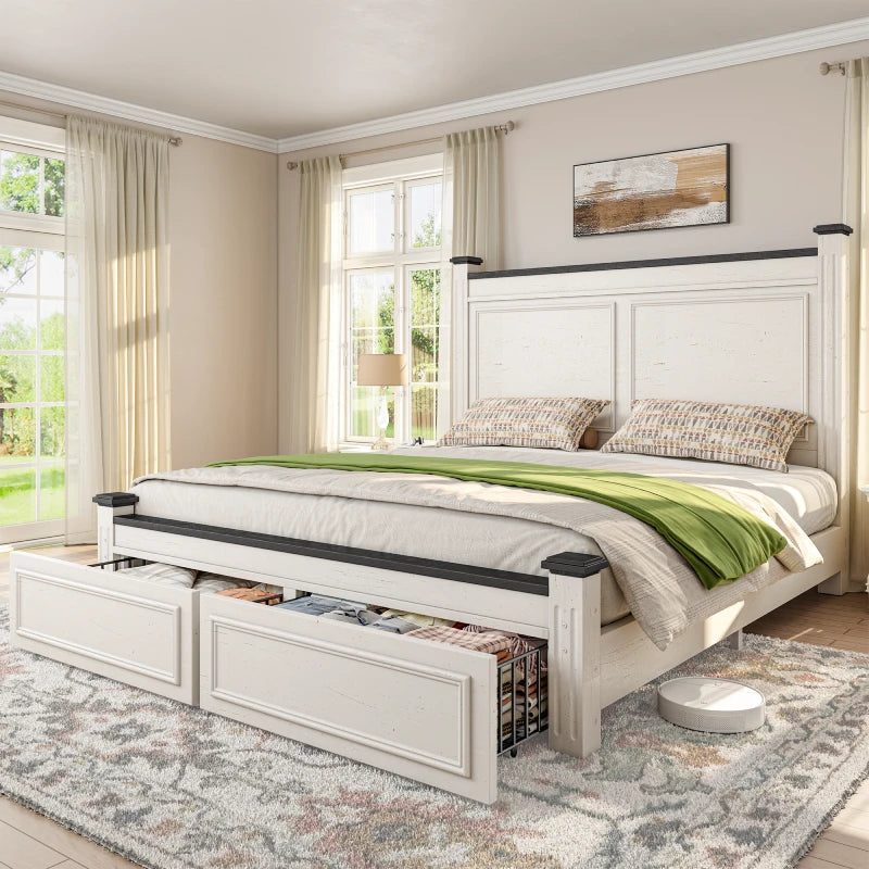 Snhomee Bed Frame with 51.25" H Headboard and Storage Drawers, Modern Bed Frame with Storage ,NO Noise, No Box Spring Needed, White