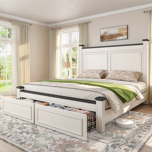 Snhomee Bed Frame with 51.25" H Headboard and Storage Drawers, Modern Bed Frame with Storage ,NO Noise, No Box Spring Needed, White 800