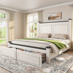 Snhomee Bed Frame with 51.25" H Headboard and Storage Drawers, Modern Bed Frame with Storage ,NO Noise, No Box Spring Needed, White