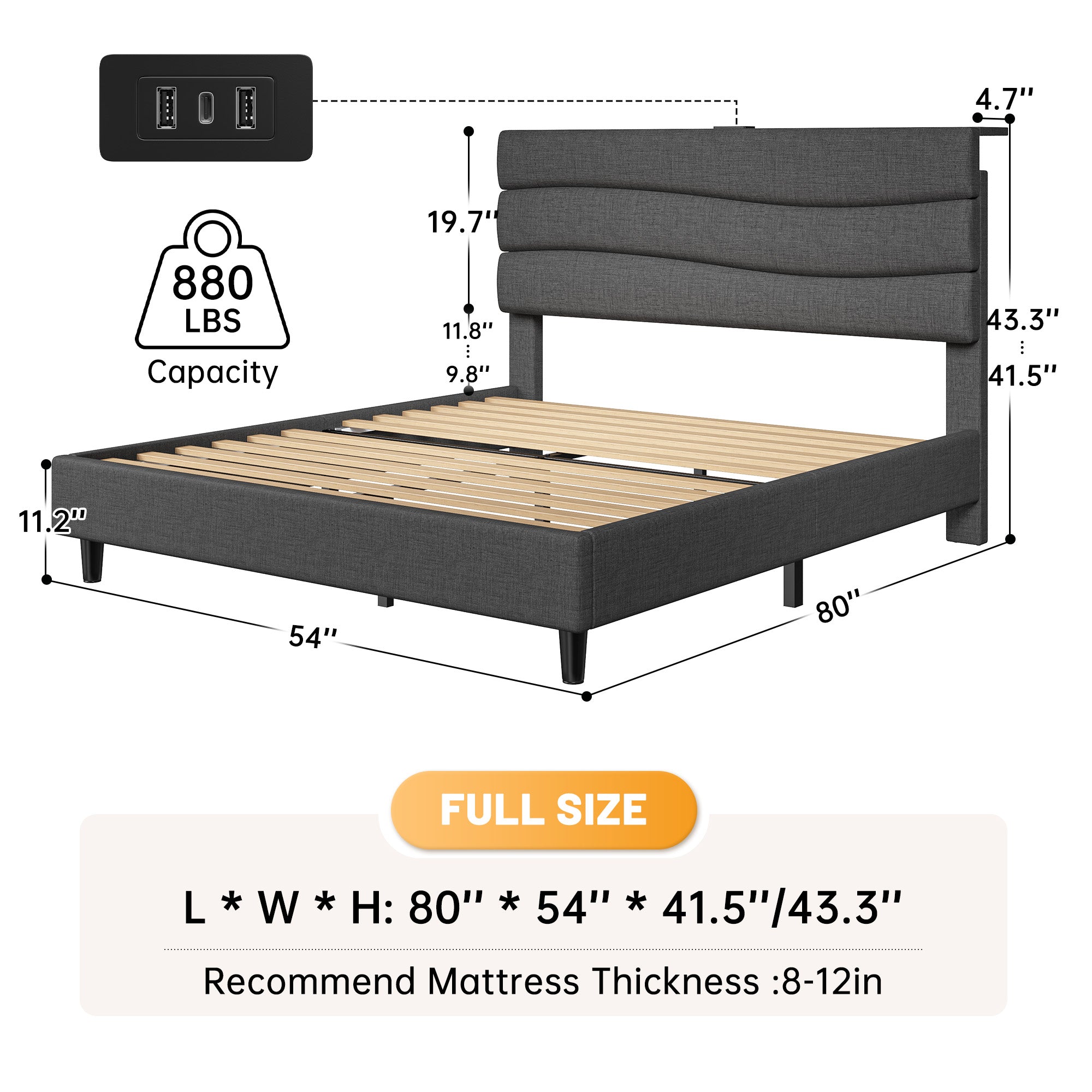 SnHomee Upholstered Bed Frame with Storage Headboard & Charging Station - USB Ports, Adjustable Fabric Headboard, Noise-Free Design, No Box Spring Needed, Back to School Beds On Sale
