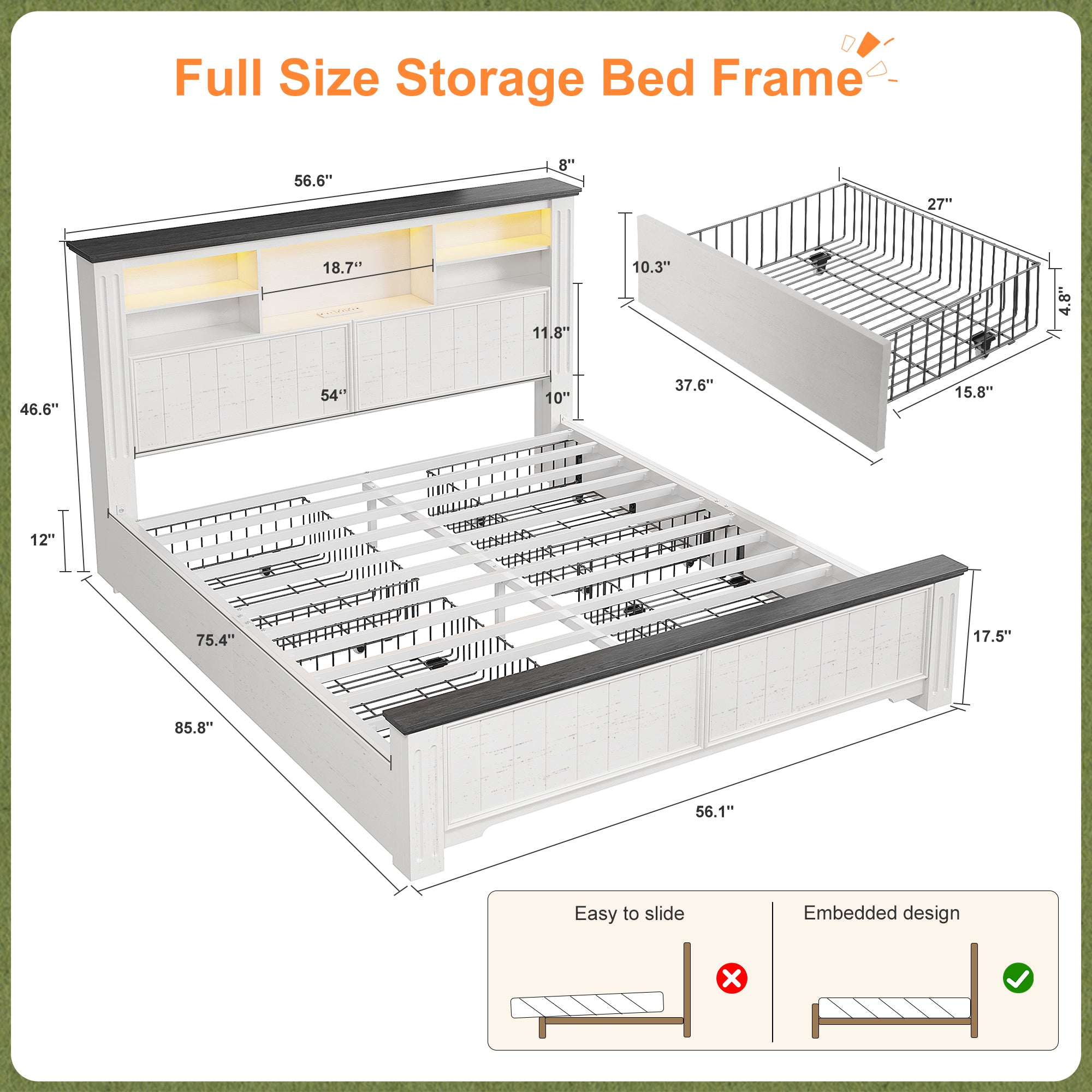 Snhomee Storage Bed Frame with4 Underbed Drawers，Platform Bed with Charging Station &  LED Headboard, No Box Spring Needed For Bedroom