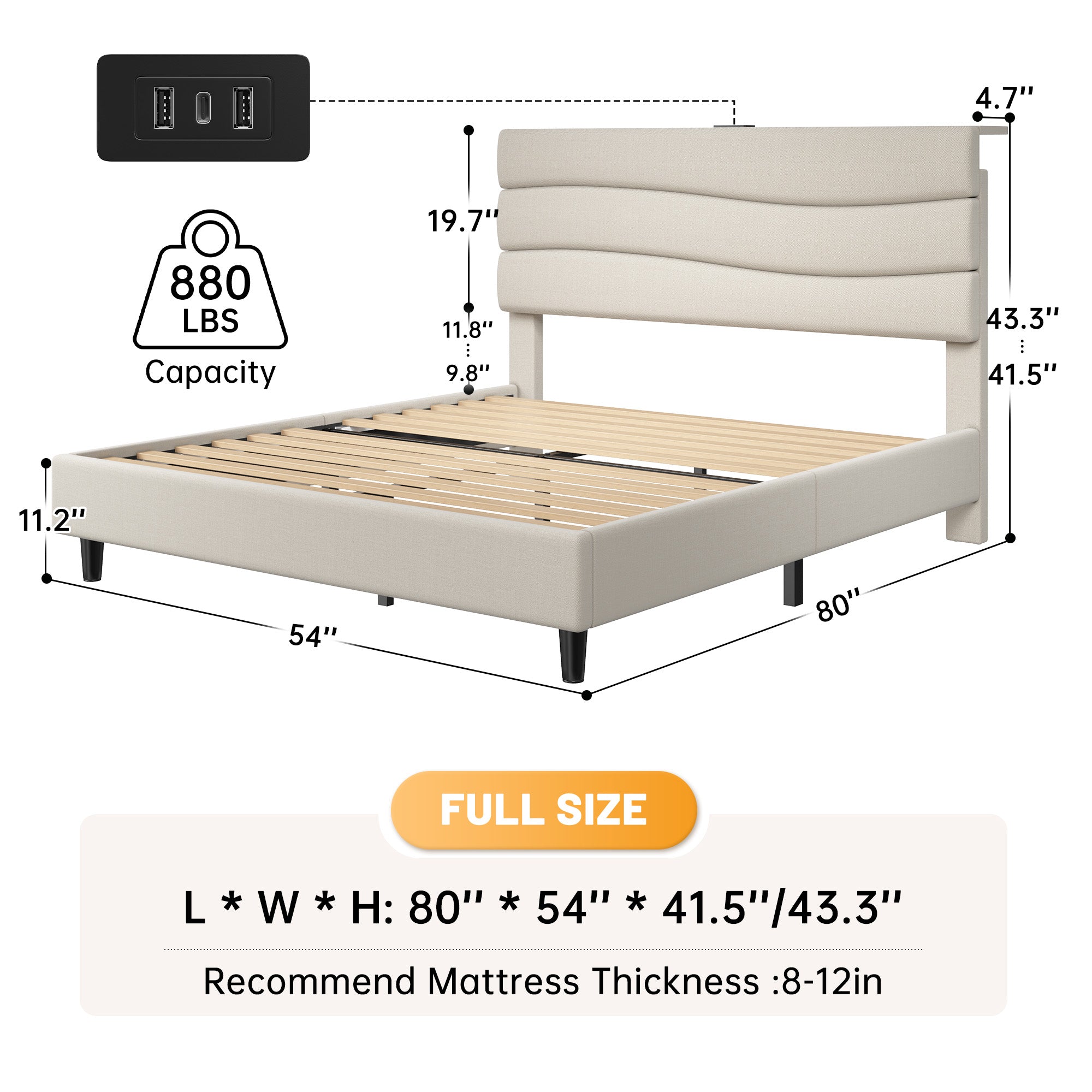 SnHomee Upholstered Bed Frame with Storage Headboard & Charging Station - USB Ports, Adjustable Fabric Headboard, Noise-Free Design, No Box Spring Needed, Back to School Beds On Sale