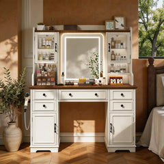 Snhomee Vanity Desk with LED Mirror,with 5 Drawers & 2 RGB Glass Cabinets, Power Outlet & Adjustable Shelves,Ideal for Bedroom or Dressing Room