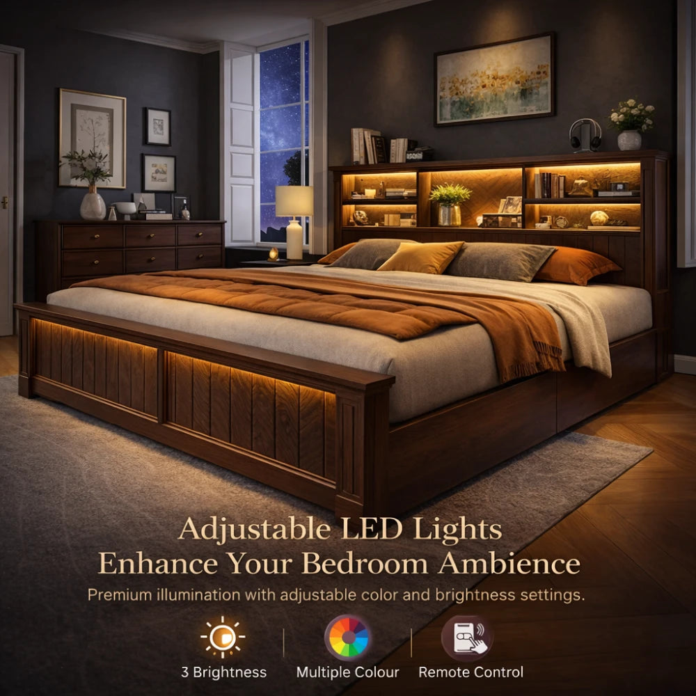 Farmhouse Queen size Platform Bed Frame With LED Lighting