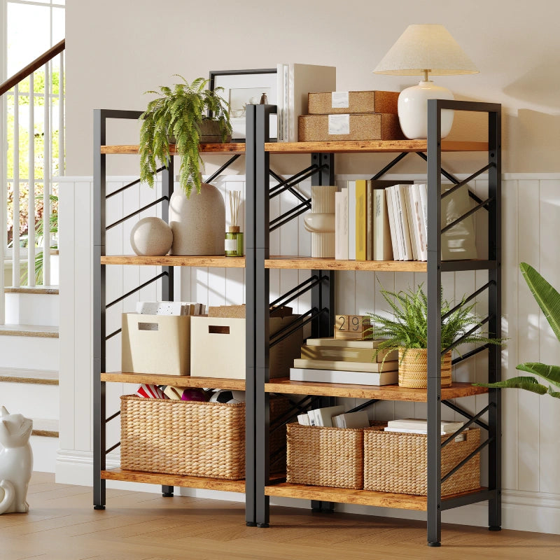 bookshelves are displayed in the corridor, with a lot of miscellaneous items stacked on them