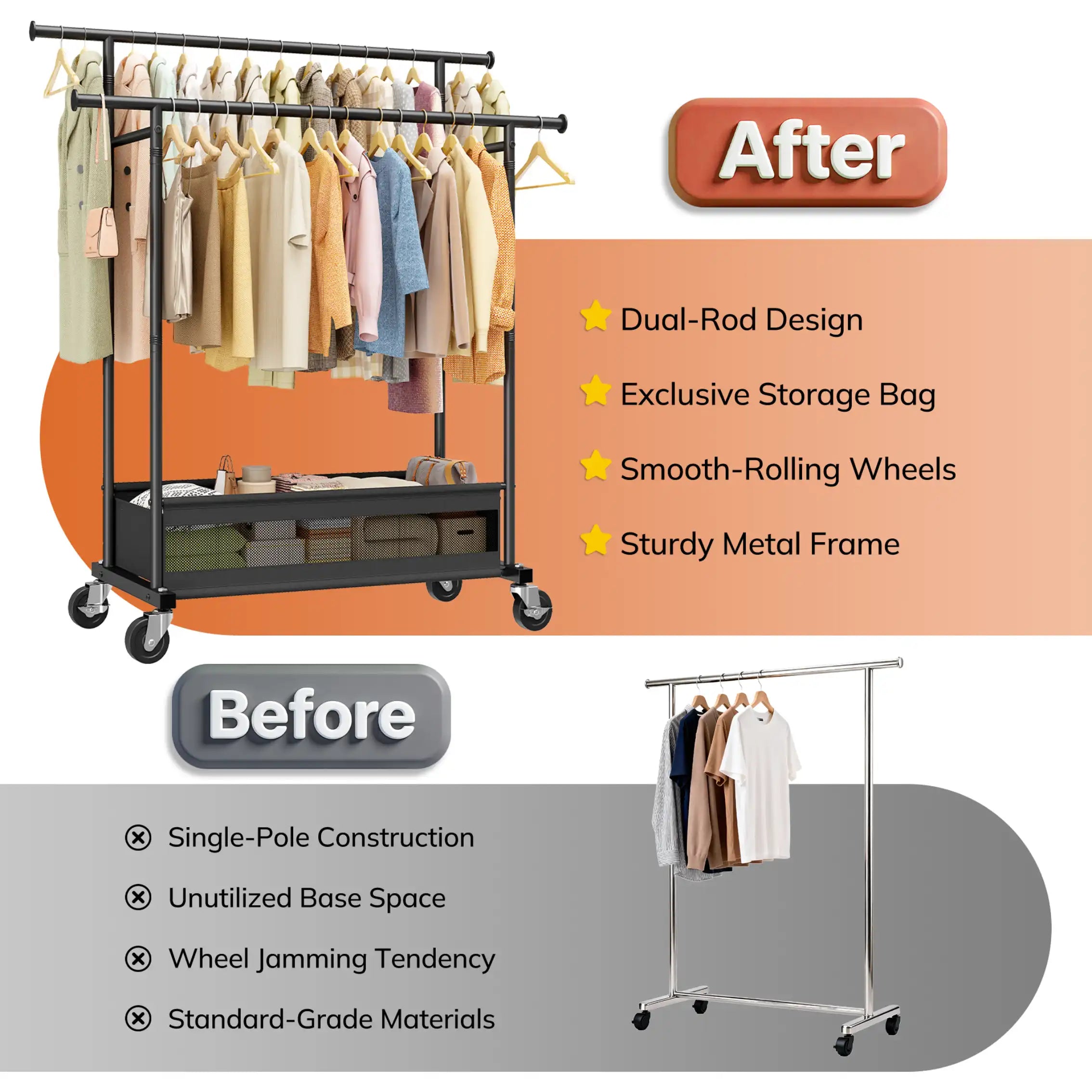 This heavy duty garment rack for bedroom and closet combines sturdy metal construction with flexible storage for shirts, jackets, dresses, and coats.