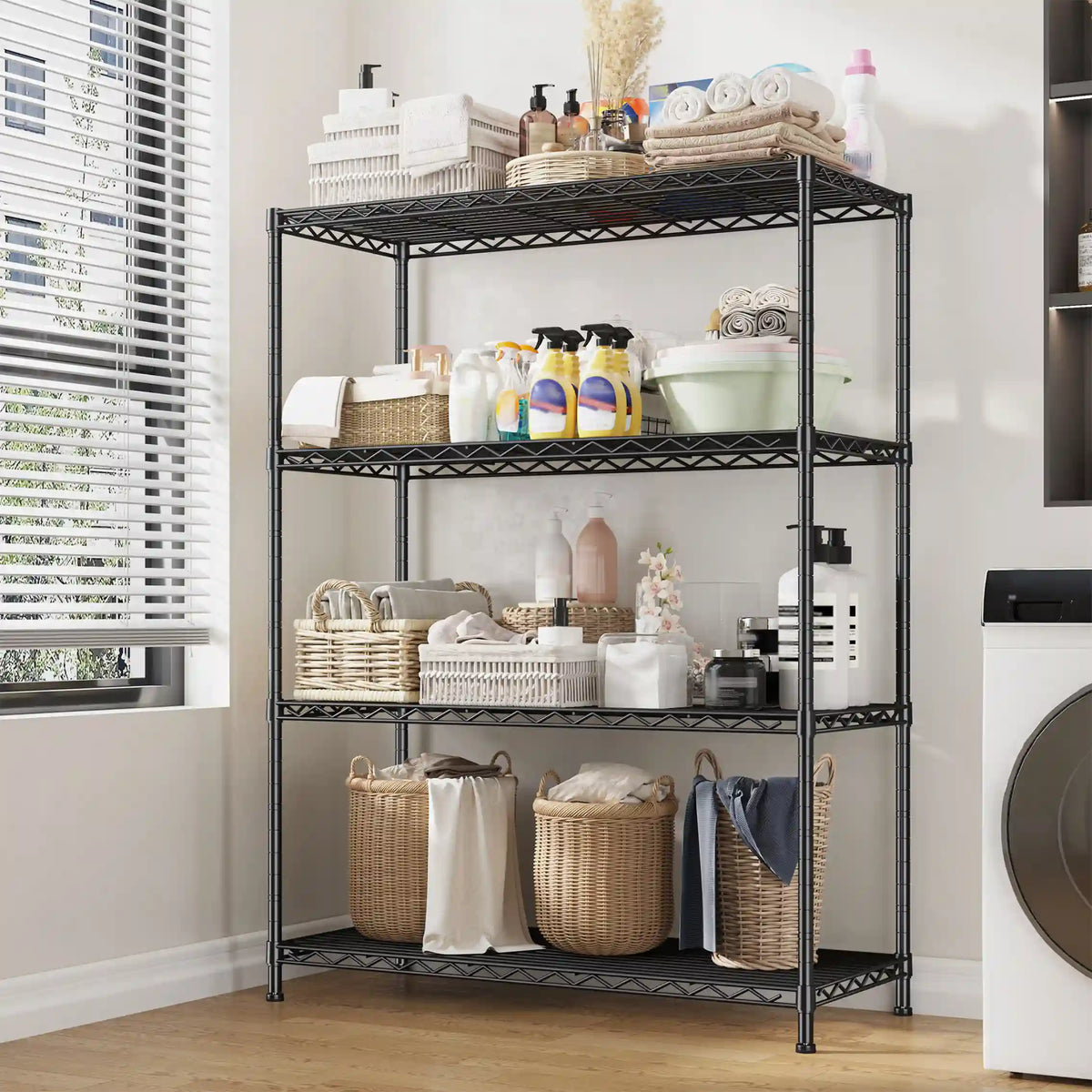 Snhomee 4-Tier Adjustable Black Steel Wire Shelving Unit, Multipurpose Metal Storage Organizer Rack, 35.6"W×16"D×54"H for Garage, Laundry, Bathroom, Kitchen, Pantry & Closet