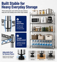 Snhomee 5 Tier Metal Shelving Storage Shelves, 5-Tier 1200LBS Adjustable Metal Shelves,Shelving Unit for Kitchen, Pantry, Laundry Room, Warehouse, Office