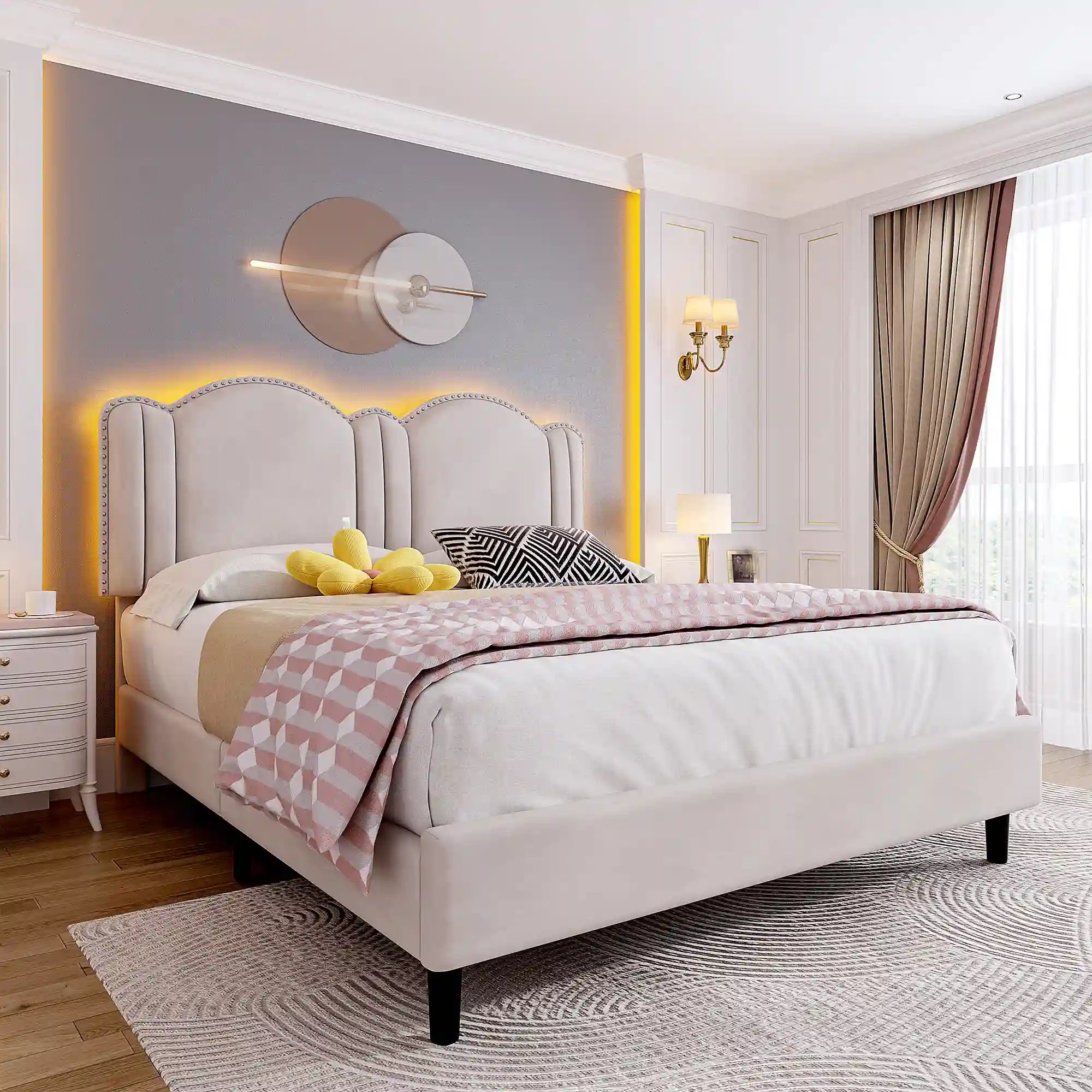 900 LBS Bed Frame with Headboard&LED Lights,Adjustable Cute Cloud Headboard,Noise Free&Easy Assembly