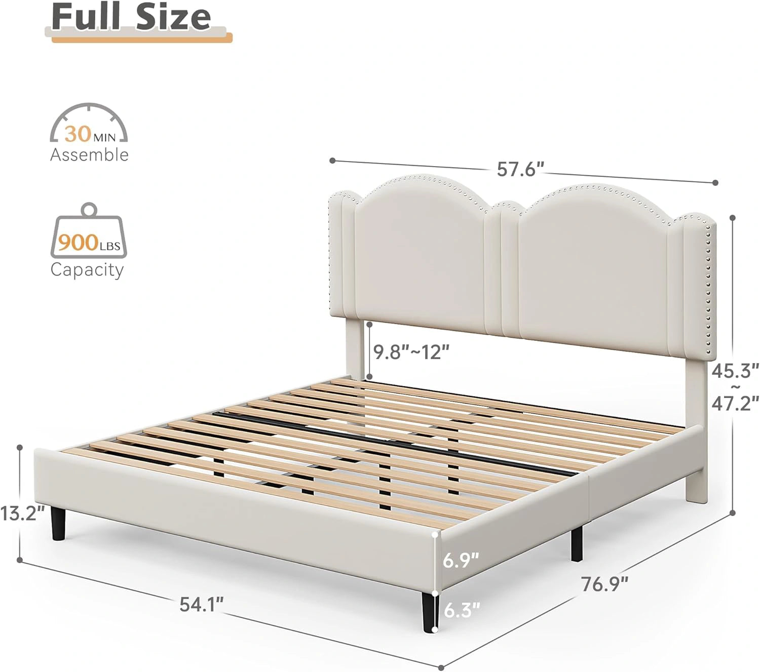 900 LBS Bed Frame with Headboard&LED Lights,Adjustable Cute Cloud Headboard,Noise Free&Easy Assembly