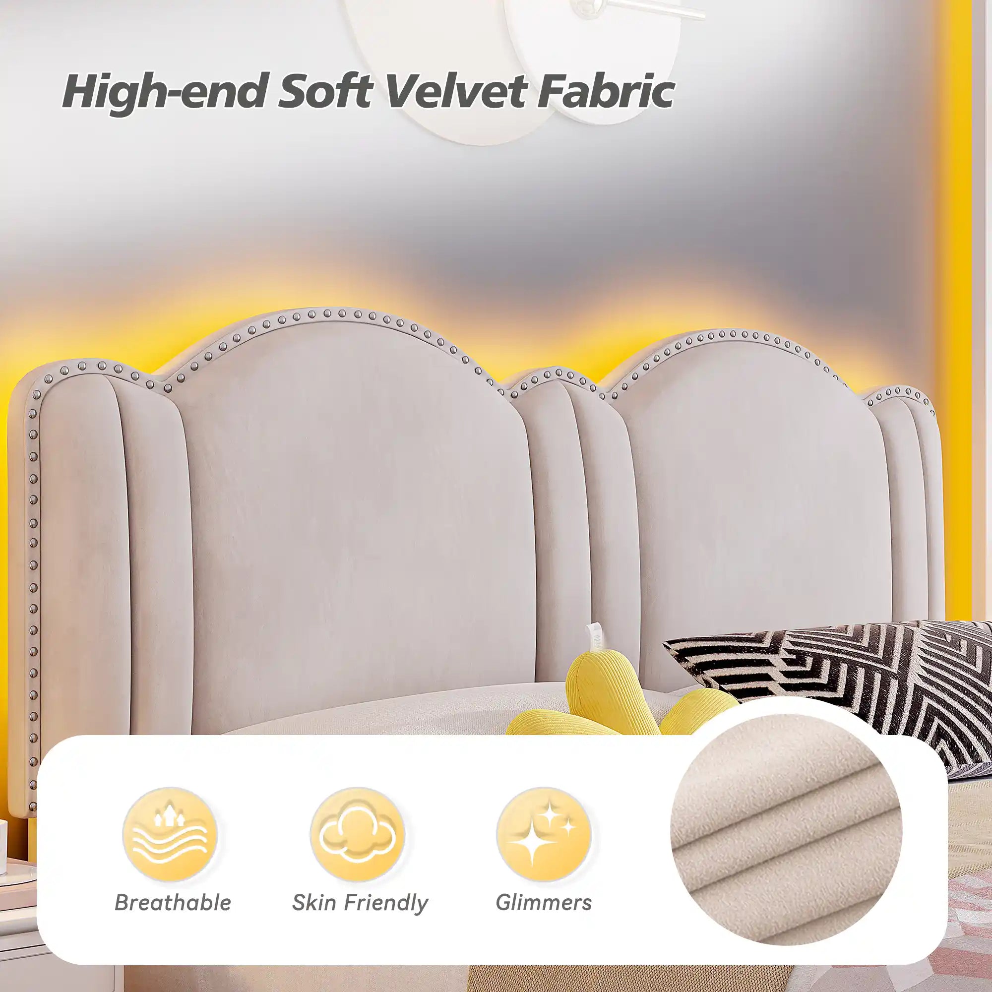 900 LBS Bed Frame with Headboard&LED Lights,Adjustable Cute Cloud Headboard,Noise Free&Easy Assembly