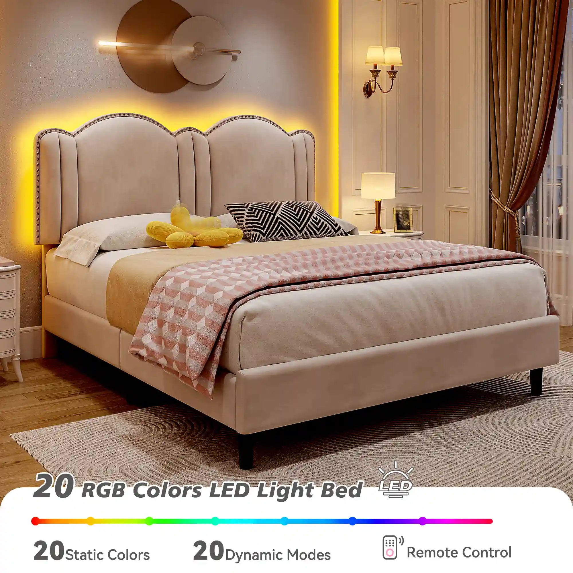 900 LBS Bed Frame with Headboard&LED Lights,Adjustable Cute Cloud Headboard,Noise Free&Easy Assembly