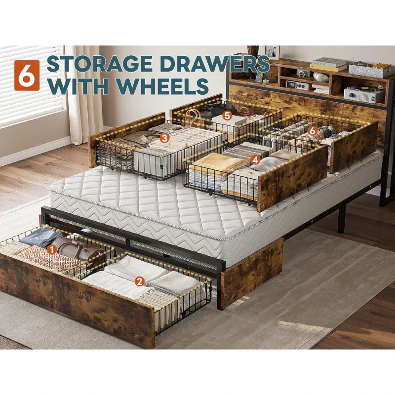Metal Bed Frame with 6 Storage Drawers Headboards with Charging Station, Full/Queen-Bed Frame-Queen Size-snhomee