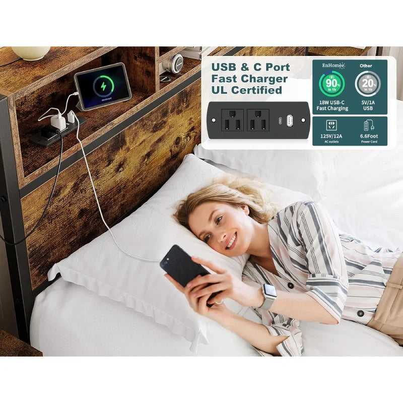 Metal Bed Frame with 6 Storage Drawers Headboards with Charging Station, Full/Queen-Bed Frame-Queen Size-snhomee