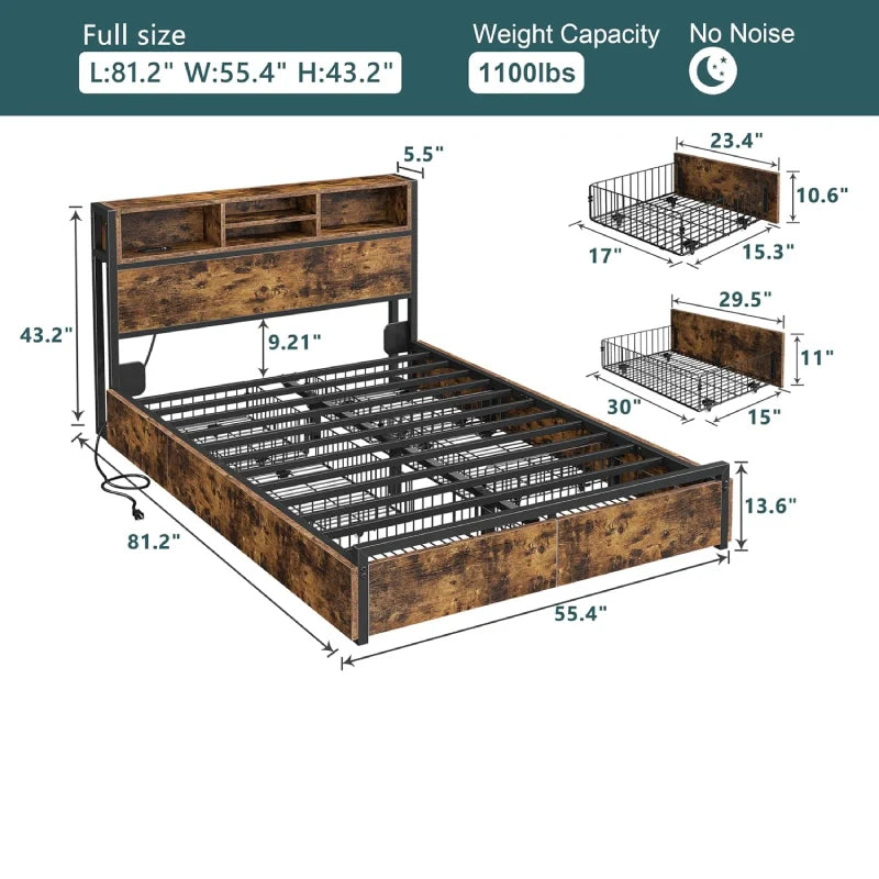 Metal Bed Frame with 6 Storage Drawers Headboards with Charging Station, Full/Queen-Bed Frame-Queen Size-snhomee