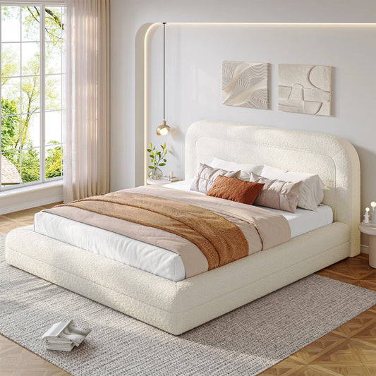 Snhomee White Cloud Upholstered Bed Frame with Headboard – Soft Rounded Corners, Silent & Modern Design for Cozy Bedrooms and Apartments 800