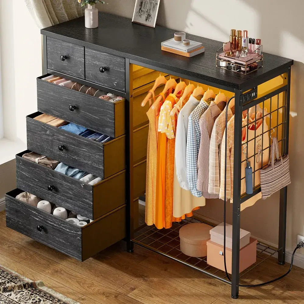 Snhomee 49.2" W Dresser with Hanging Rack & LED Lights - 6-Drawer Storage + Charging Station for Bedroom/Closet/Dorm, Rustic Brown, Space-Saving‌&Dorm Essential‌