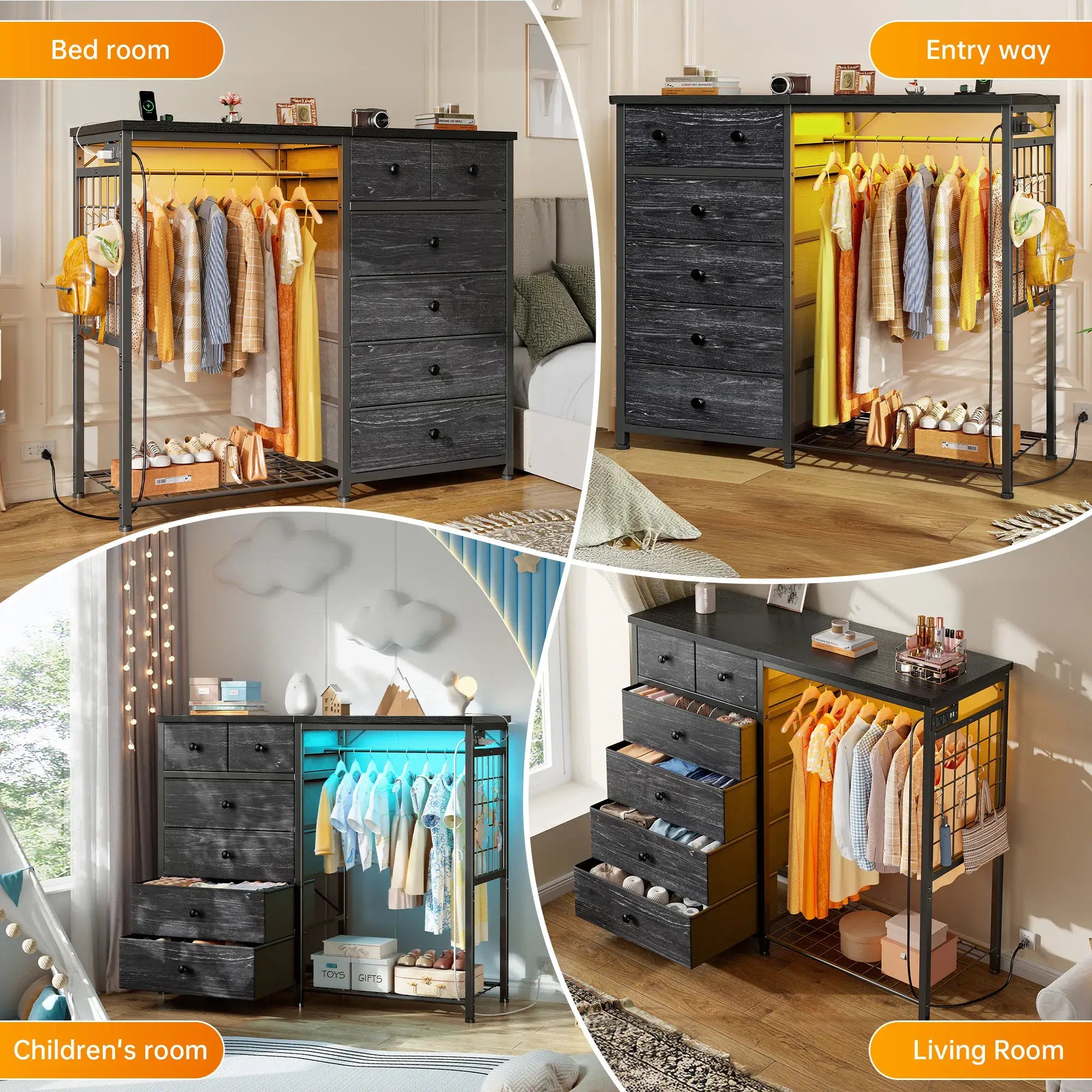 Snhomee 49.2" W Dresser with Hanging Rack & LED Lights - 6-Drawer Storage + Charging Station for Bedroom/Closet/Dorm, Rustic Brown, Space-Saving‌&Dorm Essential‌