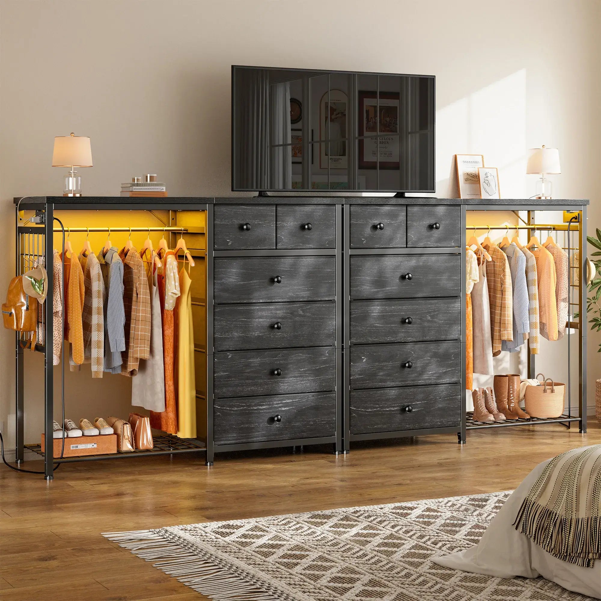 Snhomee 49.2" W Dresser with Hanging Rack & LED Lights - 6-Drawer Storage + Charging Station for Bedroom/Closet/Dorm, Rustic Brown, Space-Saving‌&Dorm Essential‌