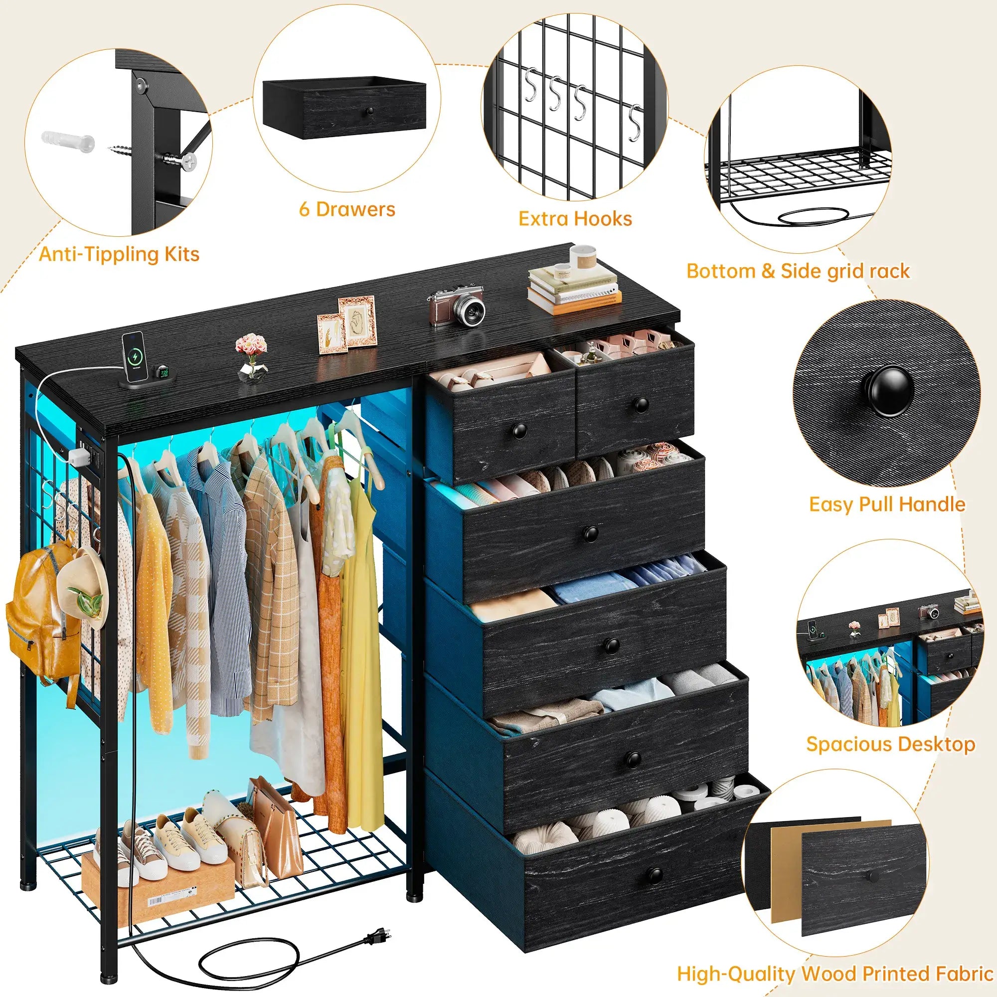 Snhomee 49.2" W Dresser with Hanging Rack & LED Lights - 6-Drawer Storage + Charging Station for Bedroom/Closet/Dorm, Rustic Brown, Space-Saving‌&Dorm Essential‌
