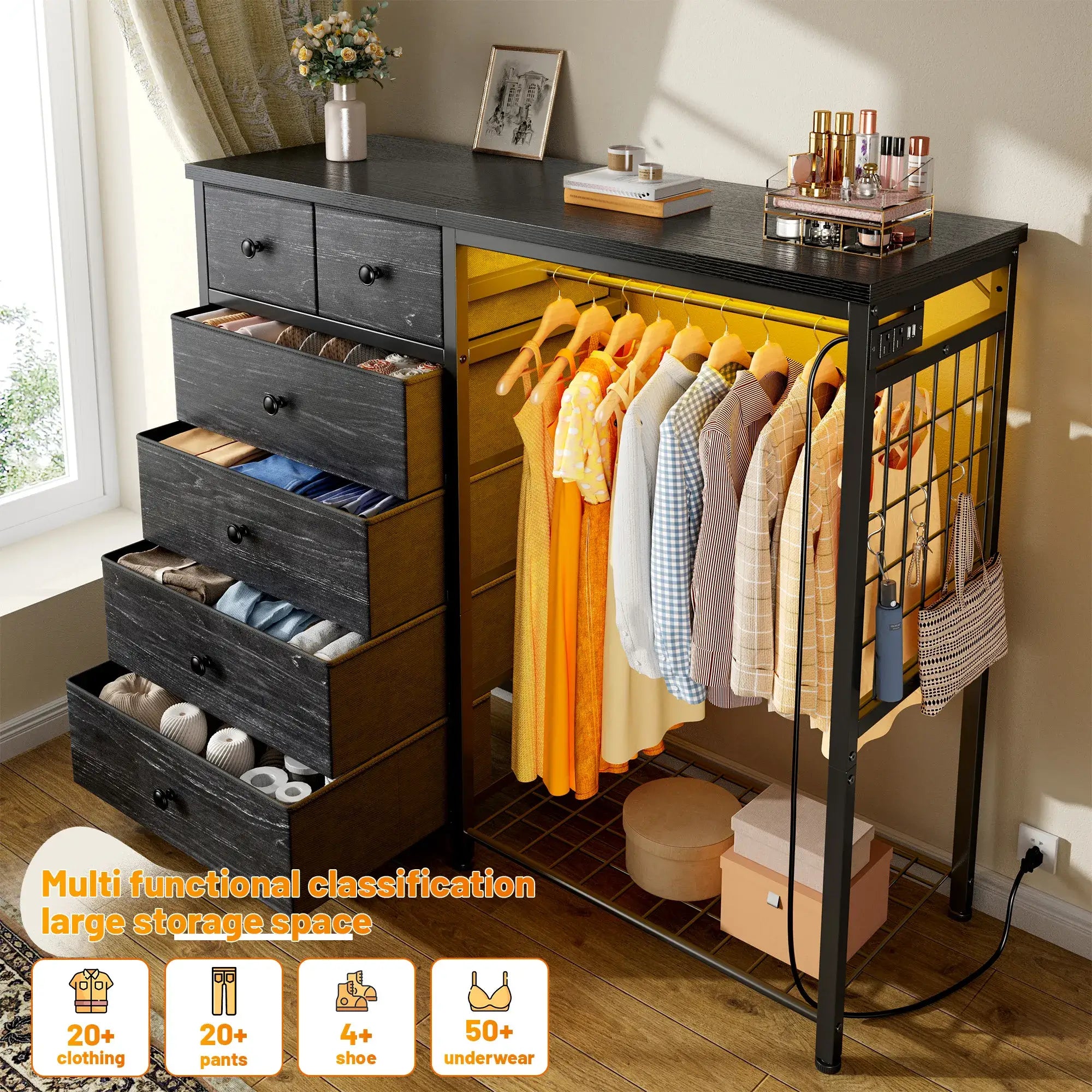 Snhomee 49.2" W Dresser with Hanging Rack & LED Lights - 6-Drawer Storage + Charging Station for Bedroom/Closet/Dorm, Rustic Brown, Space-Saving‌&Dorm Essential‌