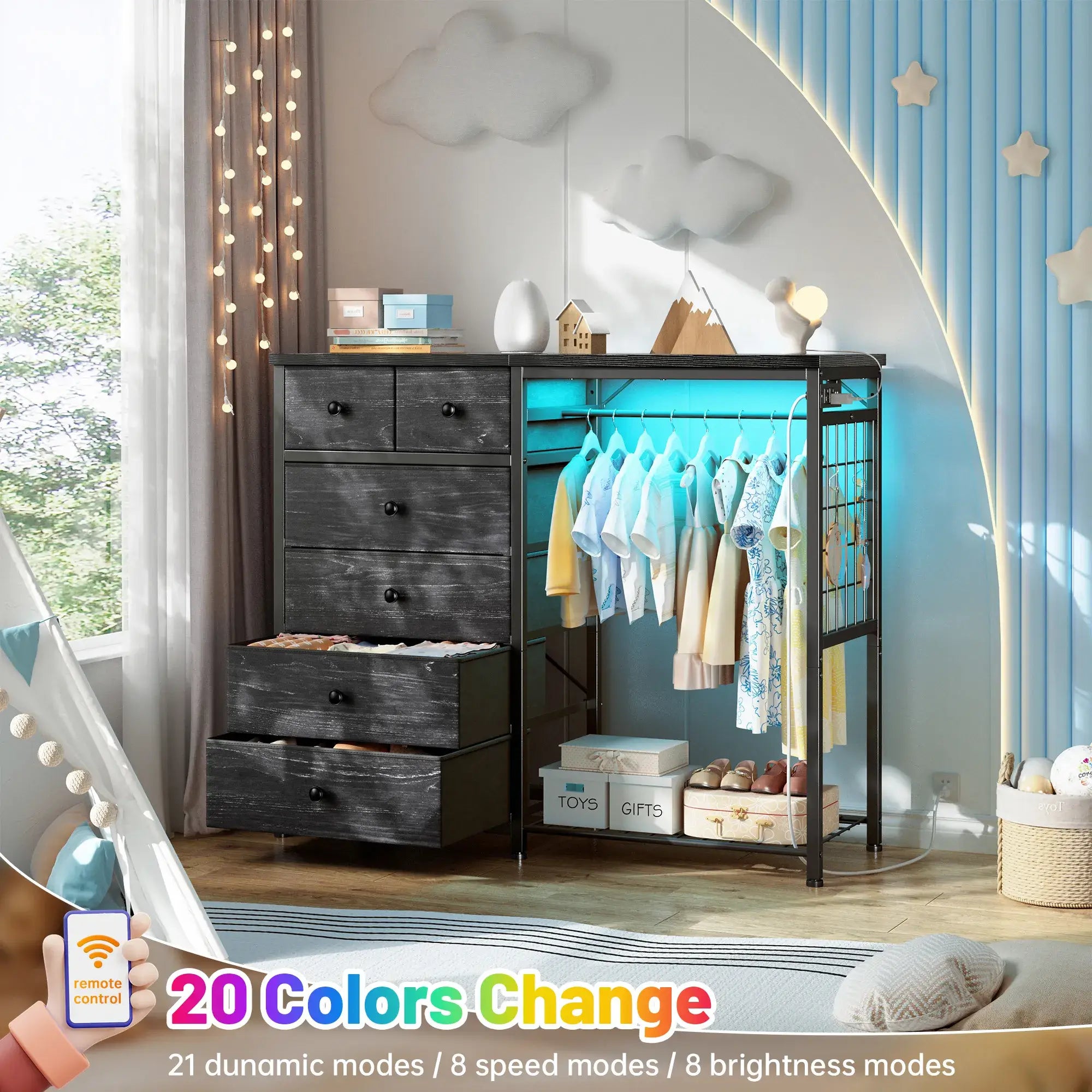 Snhomee 49.2" W Dresser with Hanging Rack & LED Lights - 6-Drawer Storage + Charging Station for Bedroom/Closet/Dorm, Rustic Brown, Space-Saving‌&Dorm Essential‌