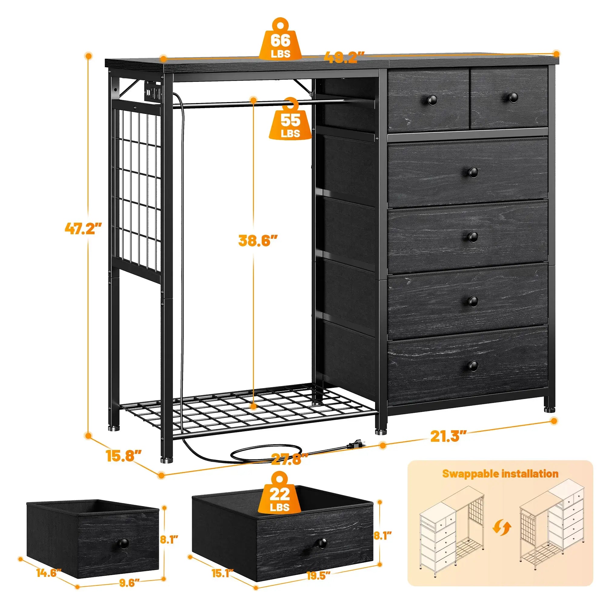 Snhomee 49.2" W Dresser with Hanging Rack & LED Lights - 6-Drawer Storage + Charging Station for Bedroom/Closet/Dorm, Rustic Brown, Space-Saving‌&Dorm Essential‌