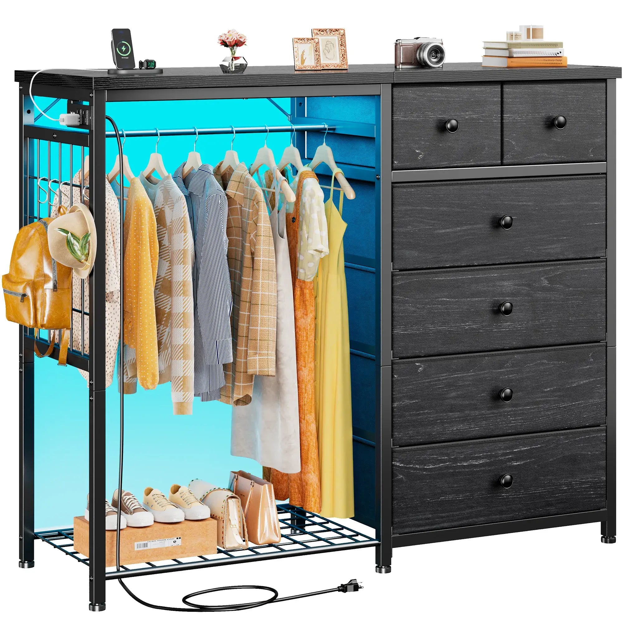 Snhomee 49.2" W Dresser with Hanging Rack & LED Lights - 6-Drawer Storage + Charging Station for Bedroom/Closet/Dorm, Rustic Brown, Space-Saving‌&Dorm Essential‌