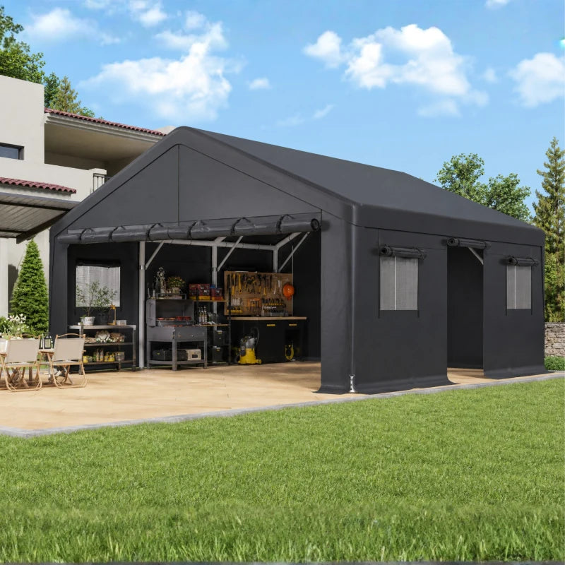 Snhomee Portable Metal Carport, 20x20 FT Garage Carports Near Me with Removable Sides, Roll-up Doors & Mesh Windows, Waterproof & UV Protected for Cars, Boats, Outdoor Storage, Backyard Party