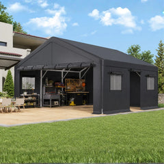 Snhomee Portable Metal Carport, 20x20 FT Garage Carports Near Me with Removable Sides, Roll-up Doors & Mesh Windows, Waterproof & UV Protected for Cars, Boats, Outdoor Storage, Backyard Party