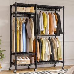 Snhomee Heavy Duty Clothes Rack with Wheels, Freestanding Portable Closet, Rolling Garment Rack For Hanging