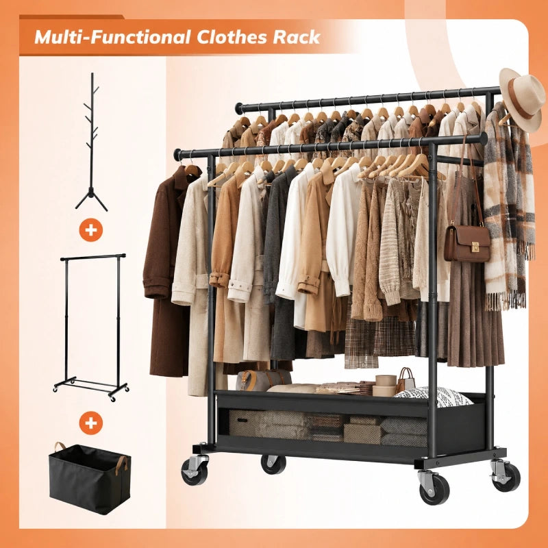 Combine hanging and storage in one 3-in-1 rolling garment rack, with double clothing rods, side hooks, and a spacious bottom basket.
