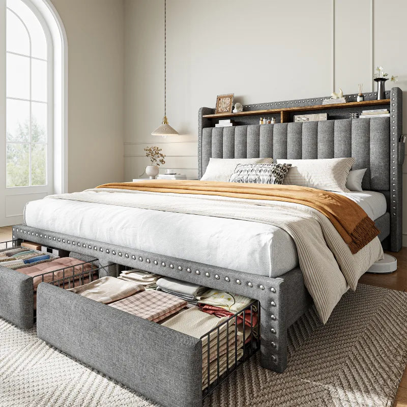 Snhomee Upholstered Bed Frame with Storage Headboard & 2 Drawers