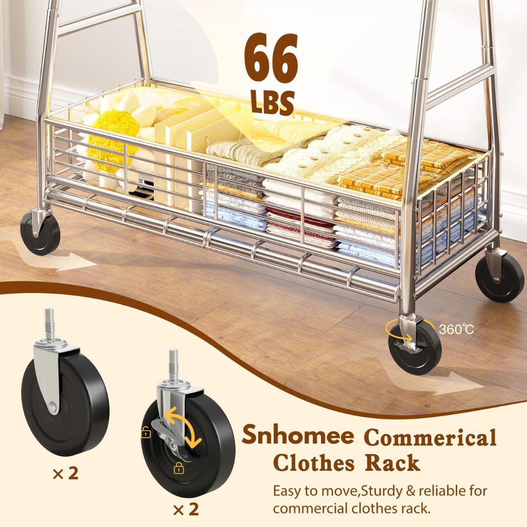 Hanger storage basket with a load capacity of 66 pounds, featuring lockable wheels