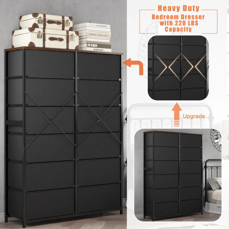 Tall Dresser for Bedroom with 12 Drawers, Wooden Top and Metal Frame, Fabric Bedroom Dressers & Chests of Drawers, Rustic Brown-Furniture > Dresser-snhomee