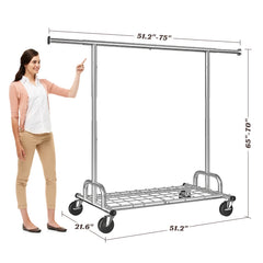 Snhomee 75"W Heavy Duty Rolling Garment Rack, 485 LBS Expandable Clothes Rack with Lockable Wheels for Bedroom Laundry Room