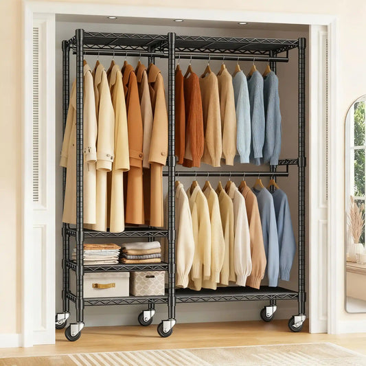 Snhomee Heavy Duty Clothes Rack with Wheels, Freestanding Portable Closet, Rolling Garment Rack For Hanging 2048