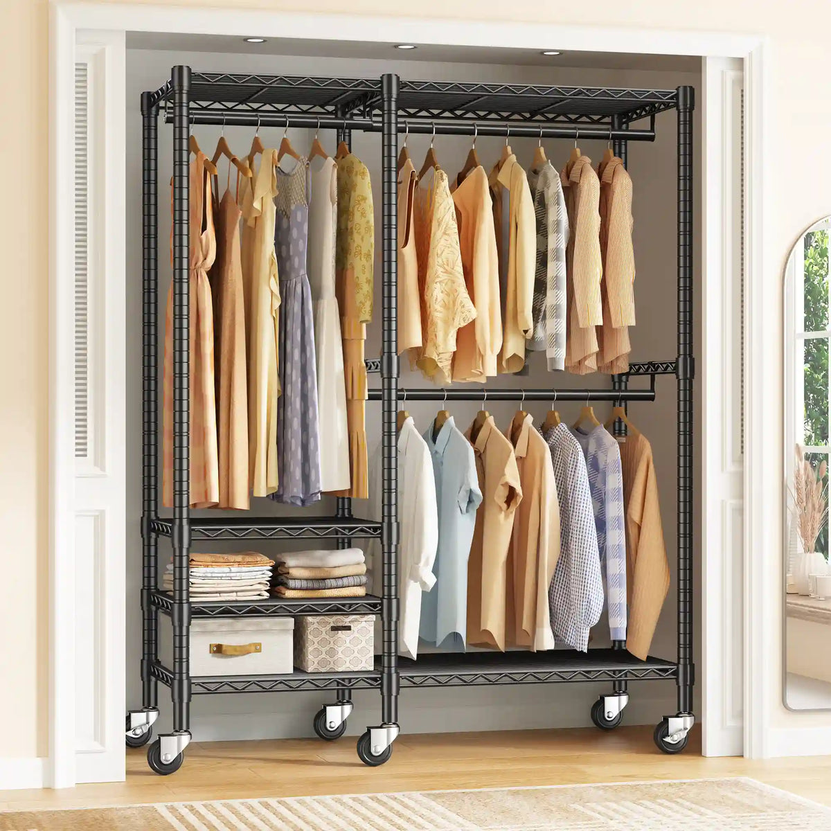 Snhomee Heavy Duty Clothes Rack with Wheels, Freestanding Portable Closet, Rolling Garment Rack For Hanging