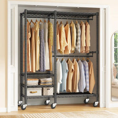 Snhomee Heavy Duty Clothes Rack with Wheels, Freestanding Portable Closet, Rolling Garment Rack For Hanging