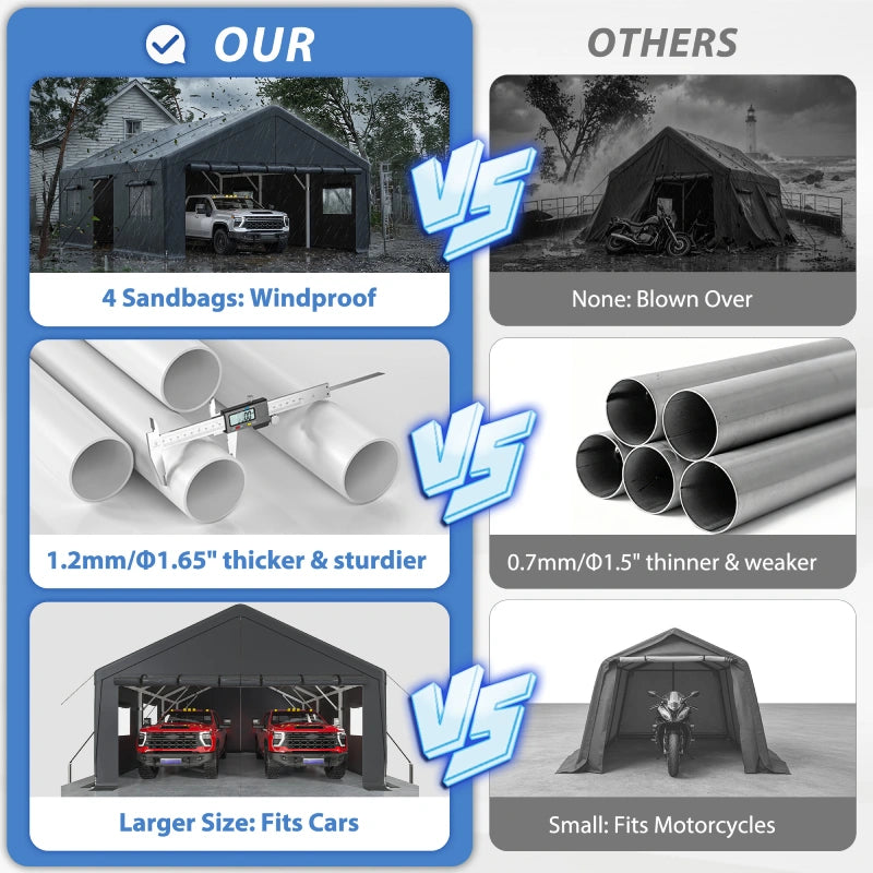 Built with a heavy duty metal carport frame, the reinforced structure provides dependable support for long-term outdoor use.The reinforced steel frame carport uses thicker steel tubing for improved structural strength compared with lighter-duty shelters.
