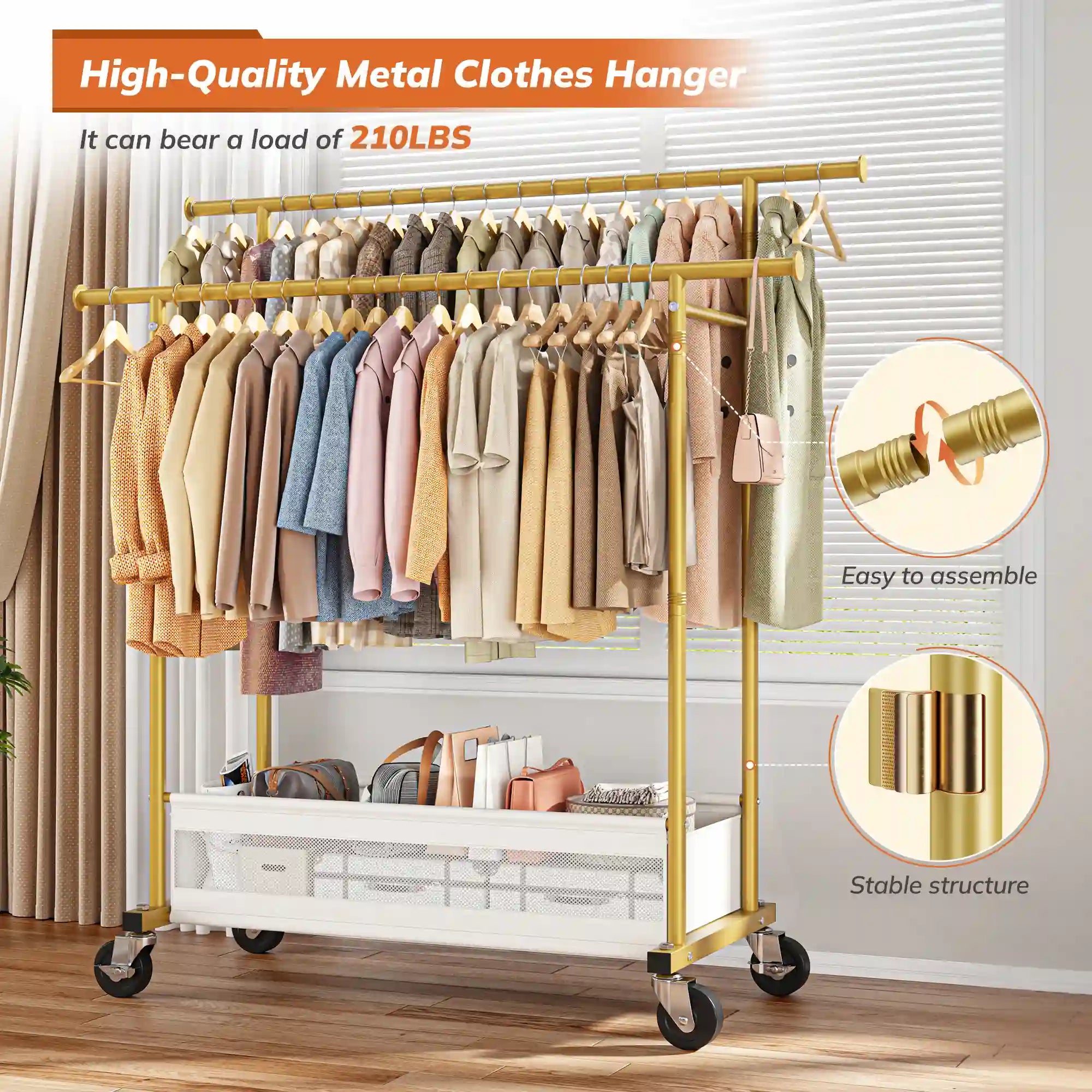 Built with 19mm solid steel, this 210 lbs heavy duty garment rack provides strong support for coats, dresses, jackets, and everyday outfits.