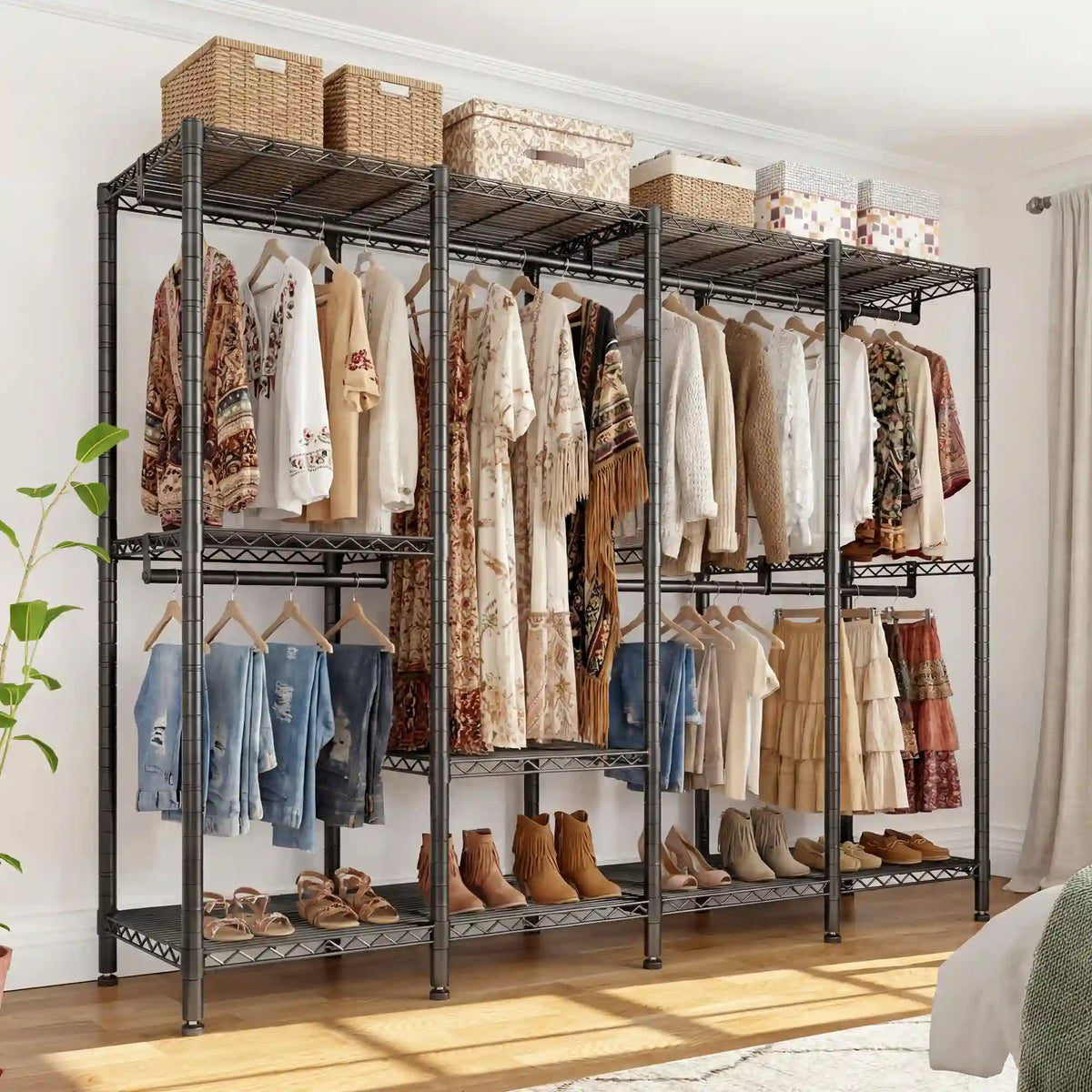Snhomee 76"W x 77"H Heavy Duty Clothing Rack With Adjustable Shelves,1150LBS Closet Hanging Organization, Garment Rack For Bedroom