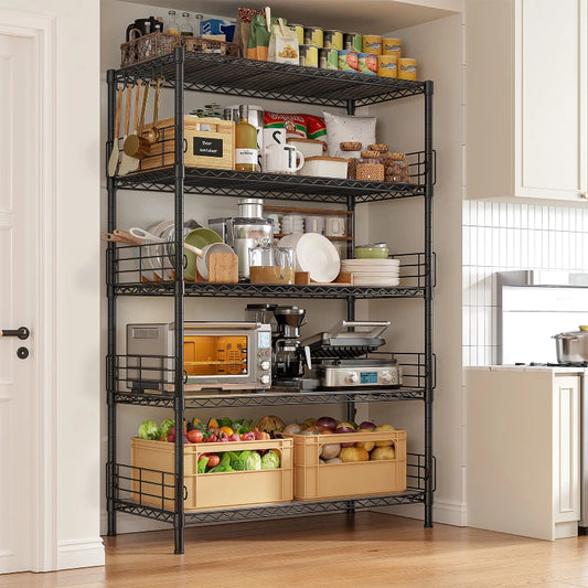 Snhomee 5-Tier Metal Shelving Unit with 771 lbs Capacity - Adjustable Storage Rack with Side Blockers & Hooks 800