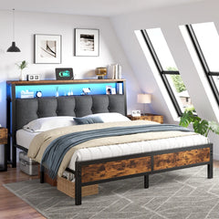 Snhomee Bed Frame with 2-Tier Storage Shelves, Charging Station and LED Lights, 12" Under Bed Storage, Noise Free, No Box Spring Needed