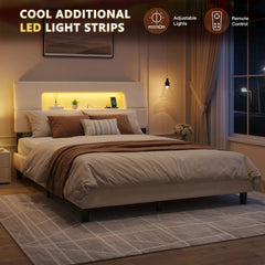 Snhomee Upholstered Bed Frame with Hollow Storage Headboard, LED Lights & Charging Station, Noise-Free, Easy Assembly