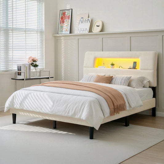 Snhomee Upholstered Bed Frame with Hollow Storage Headboard, LED Lights & Charging Station, Noise-Free, Easy Assembly 800