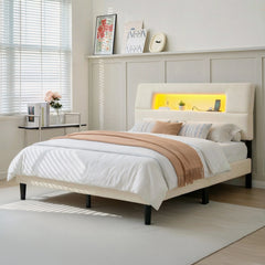 Snhomee Upholstered Bed Frame with Hollow Storage Headboard, LED Lights & Charging Station, Noise-Free, Easy Assembly