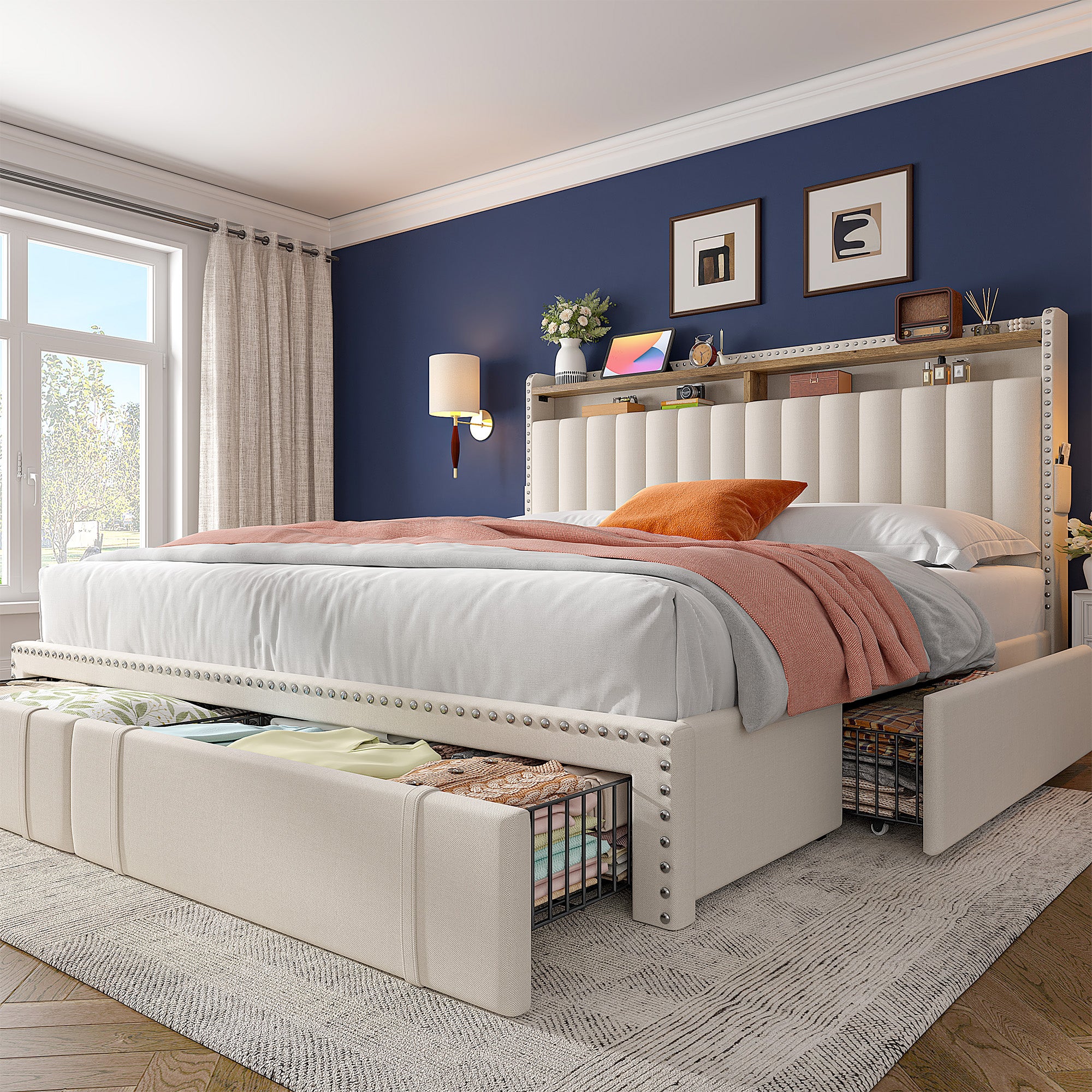 Snhomee Heavy Duty Platform Bed Frame with Storage Drawers - Silent 1200LB Capacity, No Box Spring Needed, Upholstered Headboard