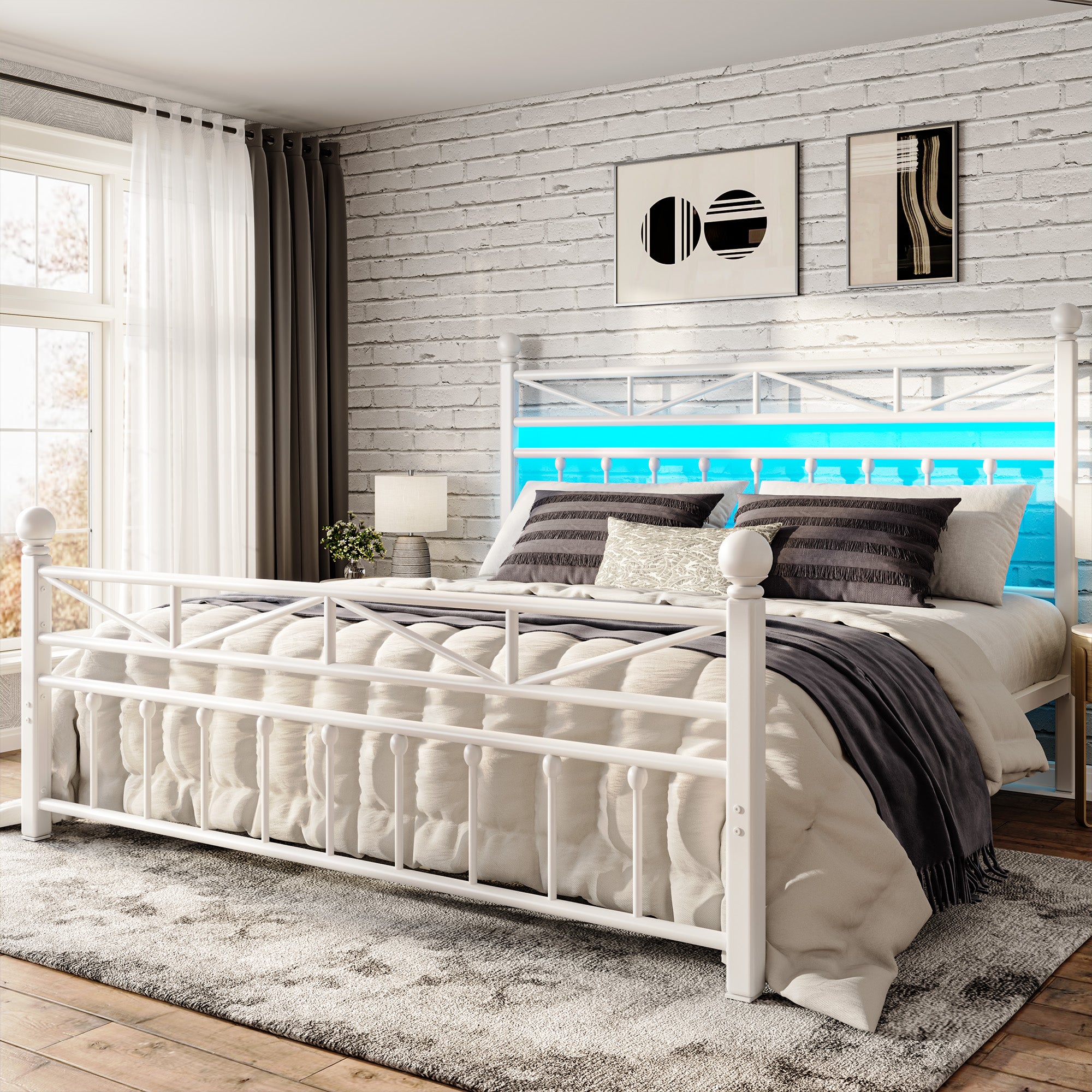 LED Metal Bed Frame with Tall Headboard & Footboard, Vintage Industrial Bed, Under Bed Storage & No Box Spring Needed, Noise-Free Design for Modern & Farmhouse Bedrooms