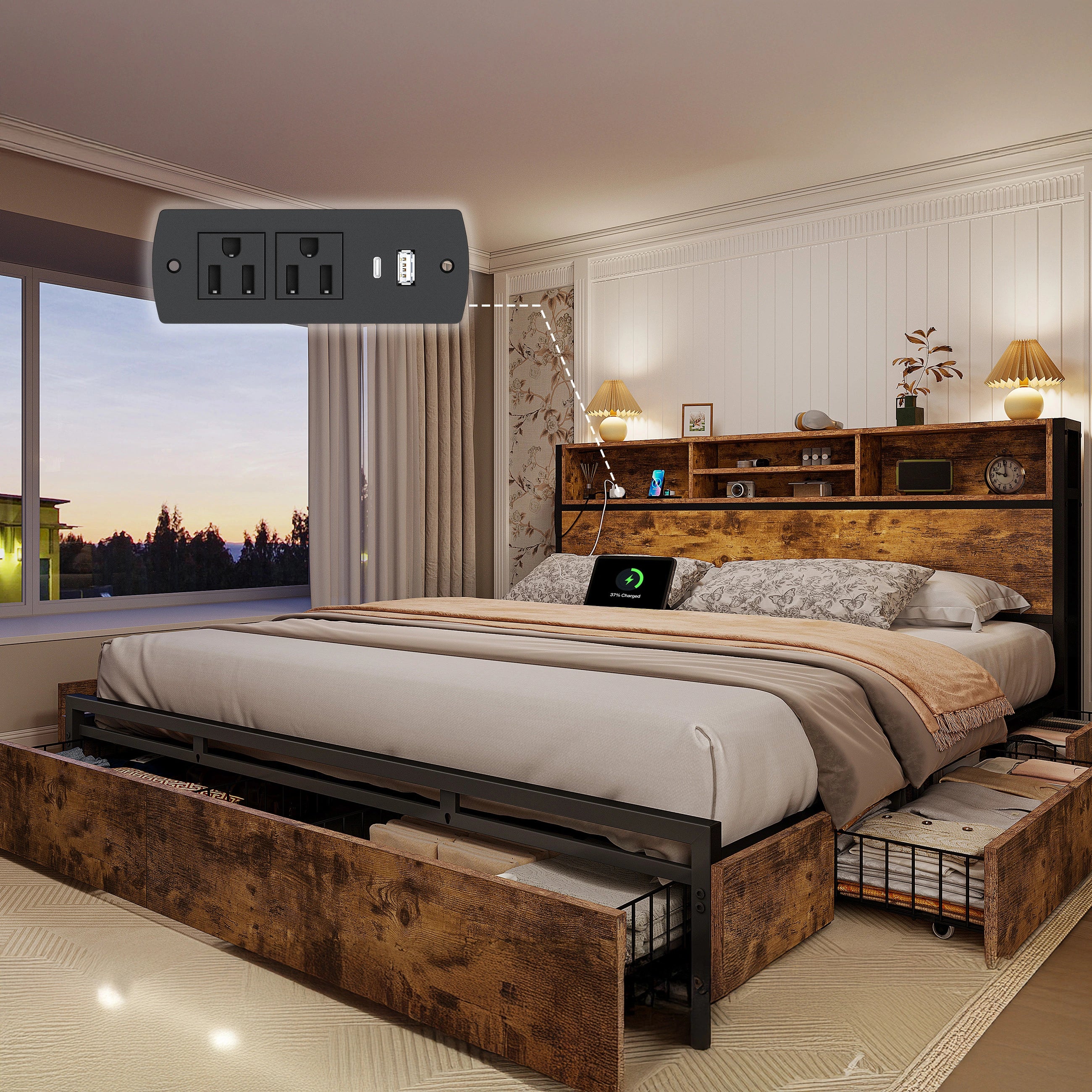 Snhomee Metal Bed Frame with 6 Storage Drawers & Charging Station - No Noise, No Box Spring Frames, 1100LBS Capacity, Storage Headboard, Vintage Brown